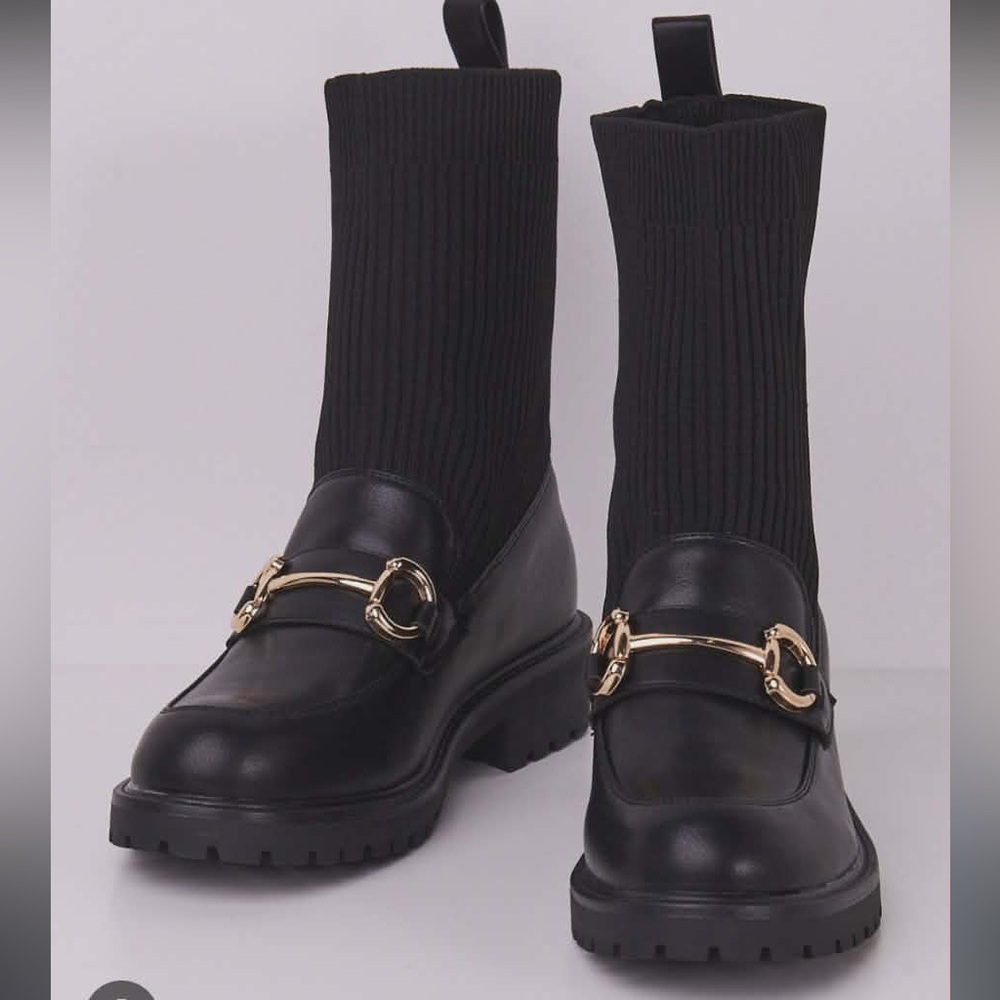 Call It Spring Black Ankle Boots with Gold Accents